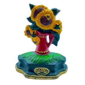 Vintage Sunflower Cast Iron Door Stop Painted 4 1/4” Red Pot Hubley? READ